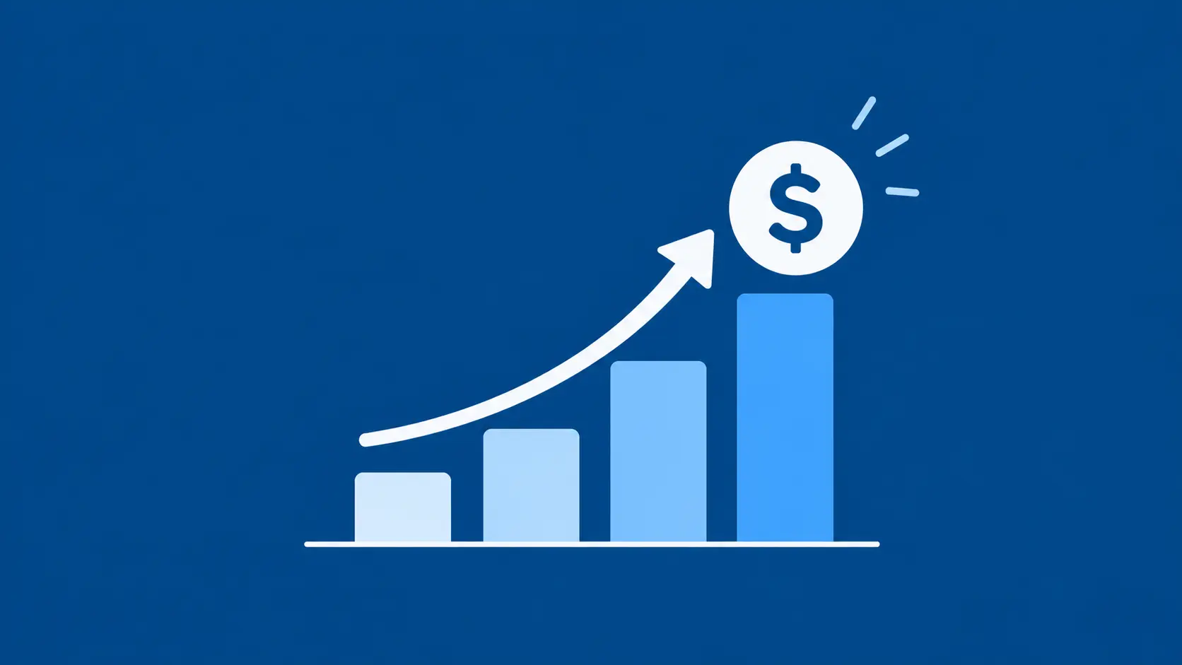 Minimalist vector bar chart with rising bars, an upward arrow, and a dollar sign symbol illustrating UX design ROI and conversion growth
