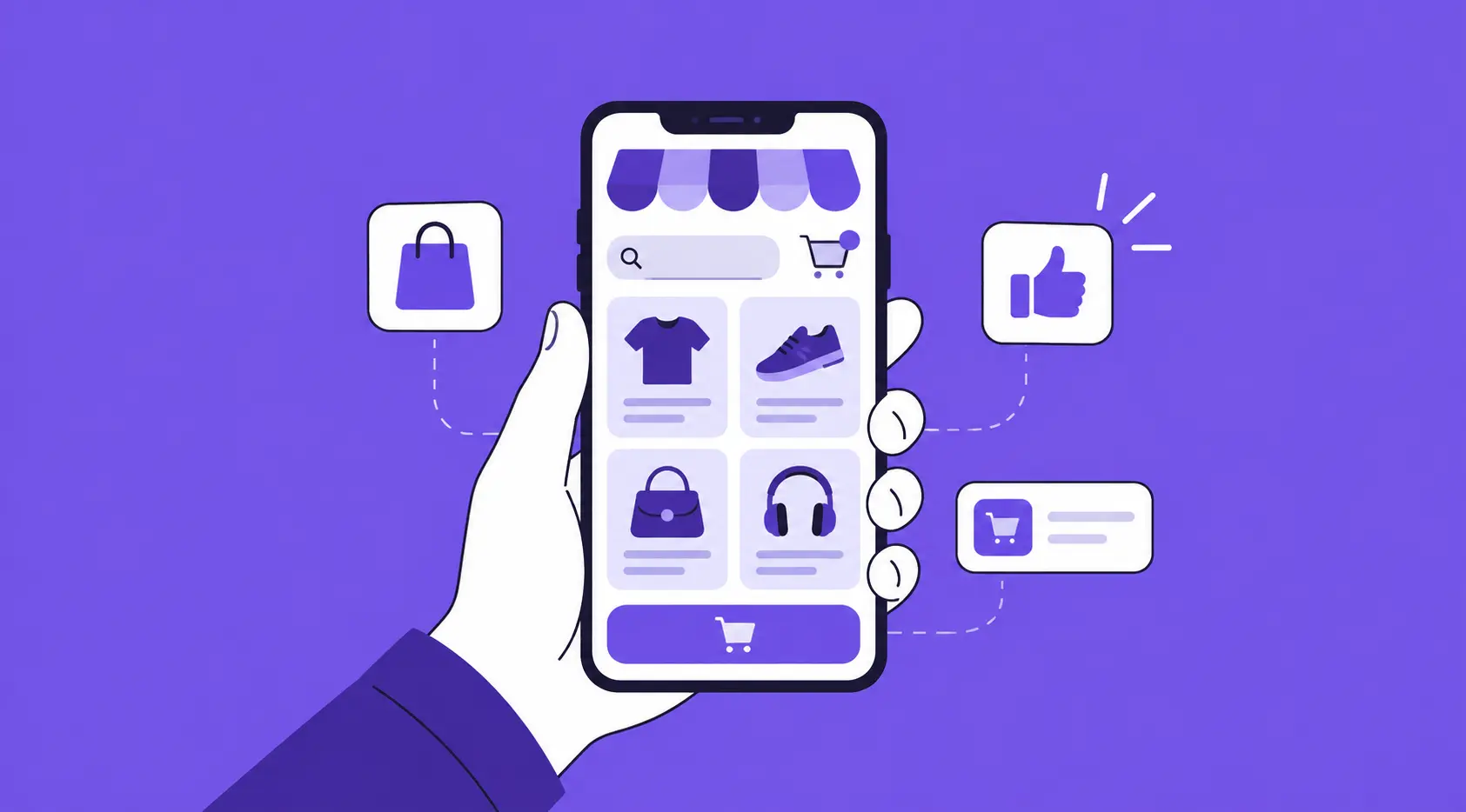 Vector illustration of a hand holding a smartphone showing a mobile e-commerce shopping app