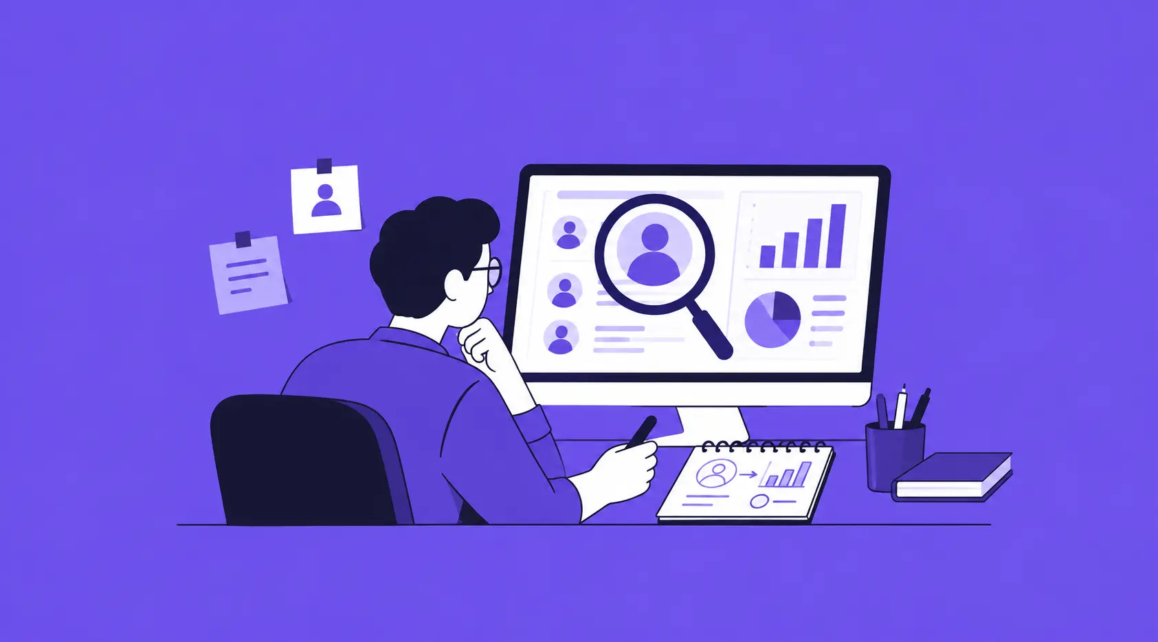 Vector illustration of a person analyzing customer data and user personas on a desktop screen