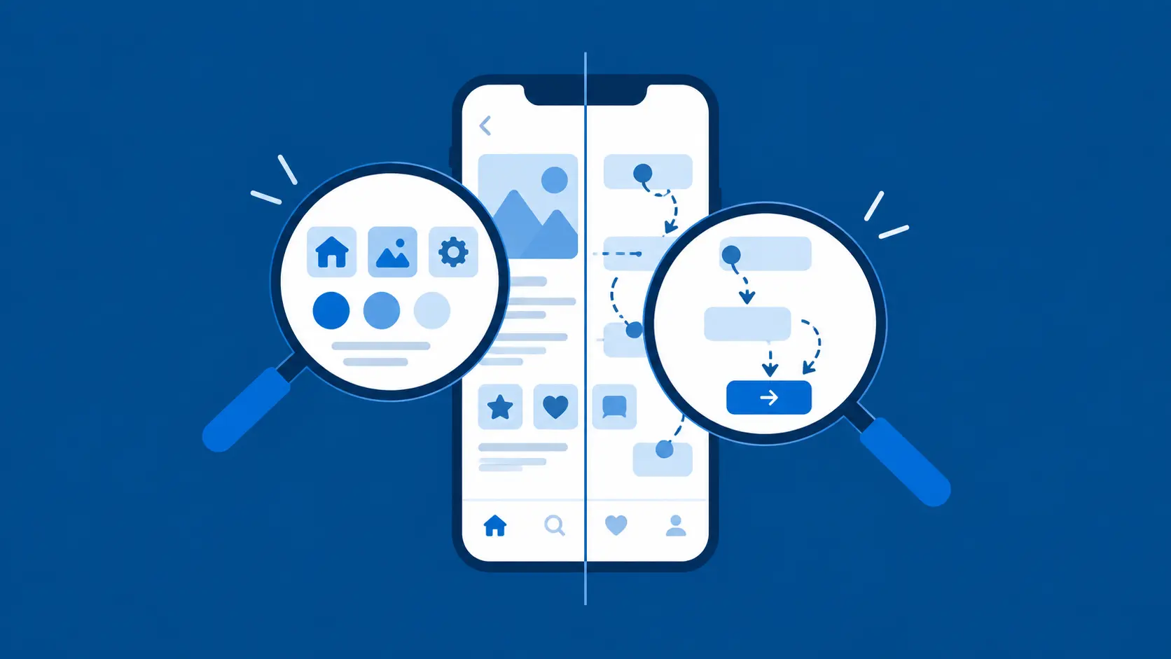 Vector illustration of a smartphone split in half, one side showing UI elements like icons and buttons, the other side showing a dotted UX user flow path