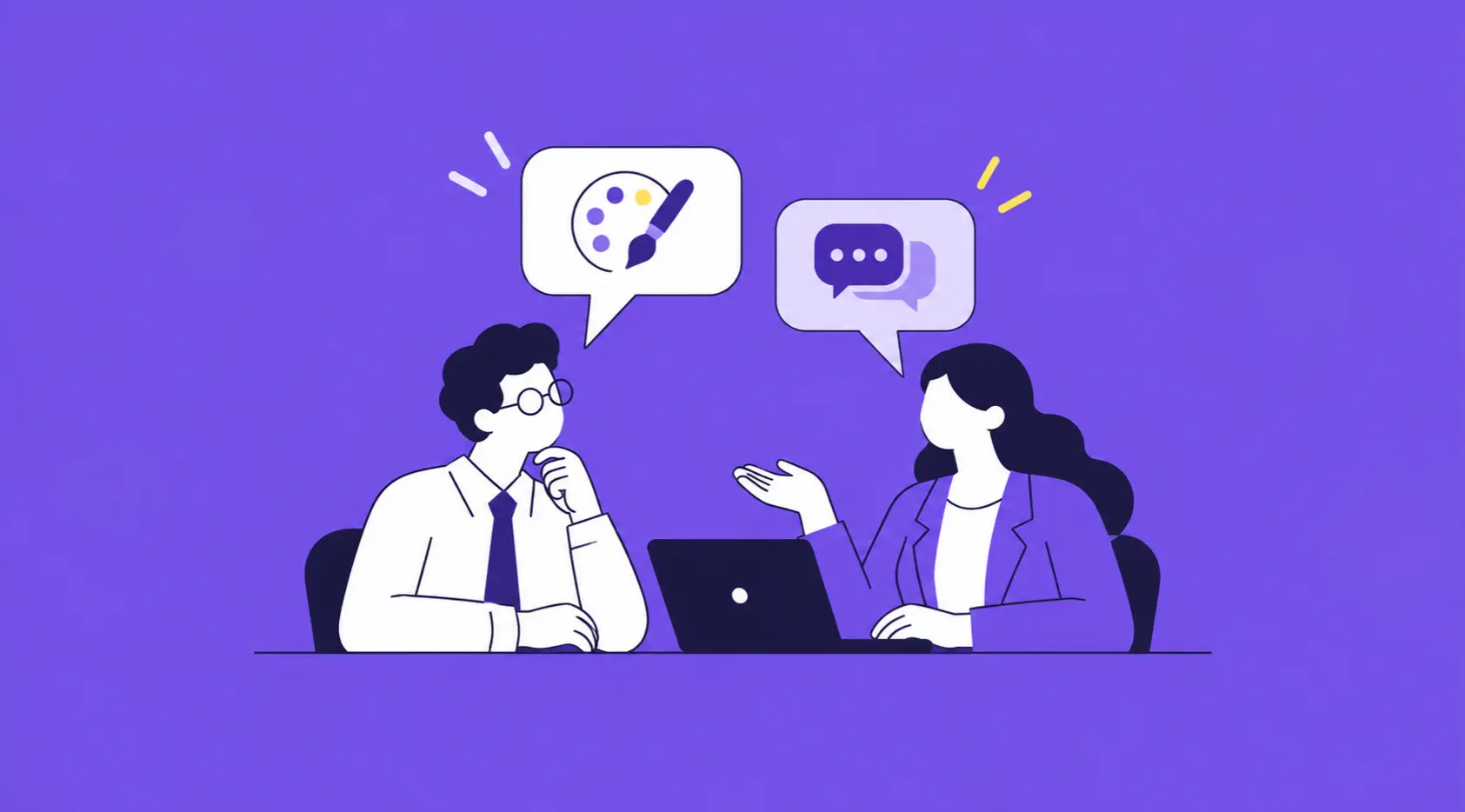 Vector illustration of two people discussing brand identity with speech bubble icons